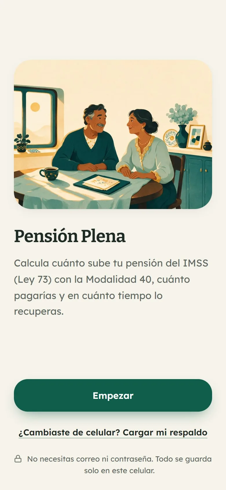 Captura real de Pensión Plena: bienvenida (sin cuentas ni contraseñas)