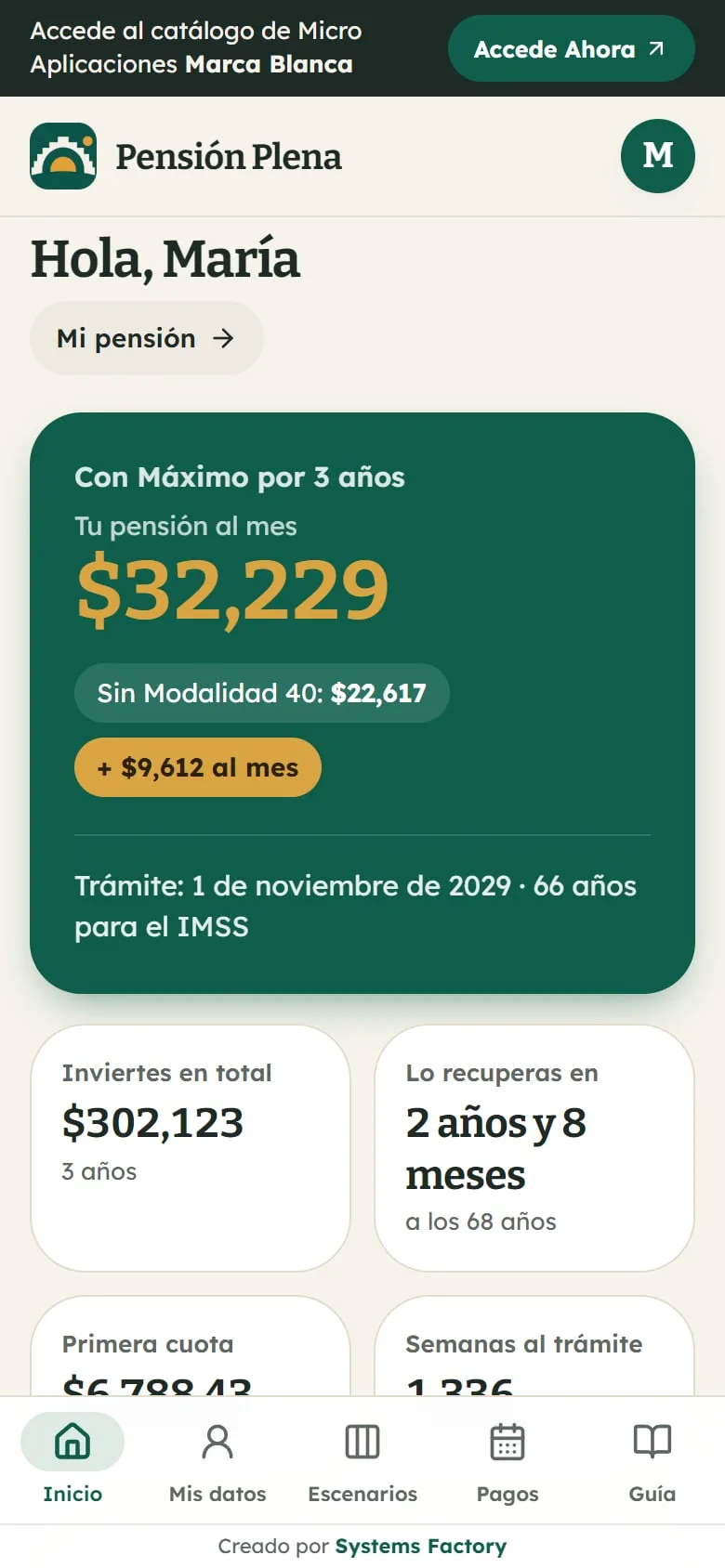 Captura real de Inicio en Pensión Plena: la pensión al mes con y sin Modalidad 40