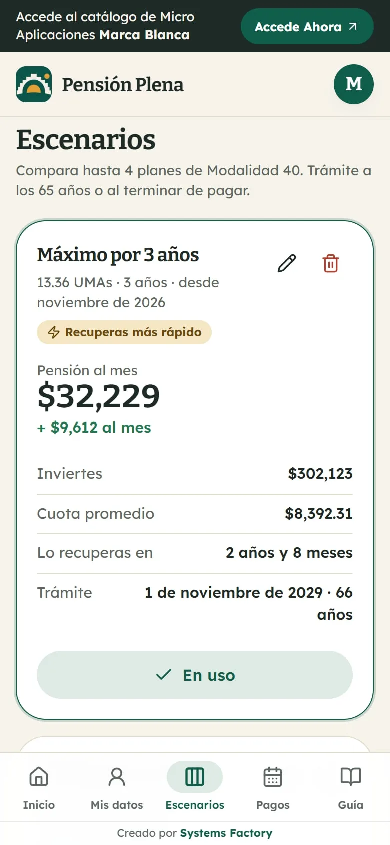Captura real: escenarios con la etiqueta Recuperas más rápido