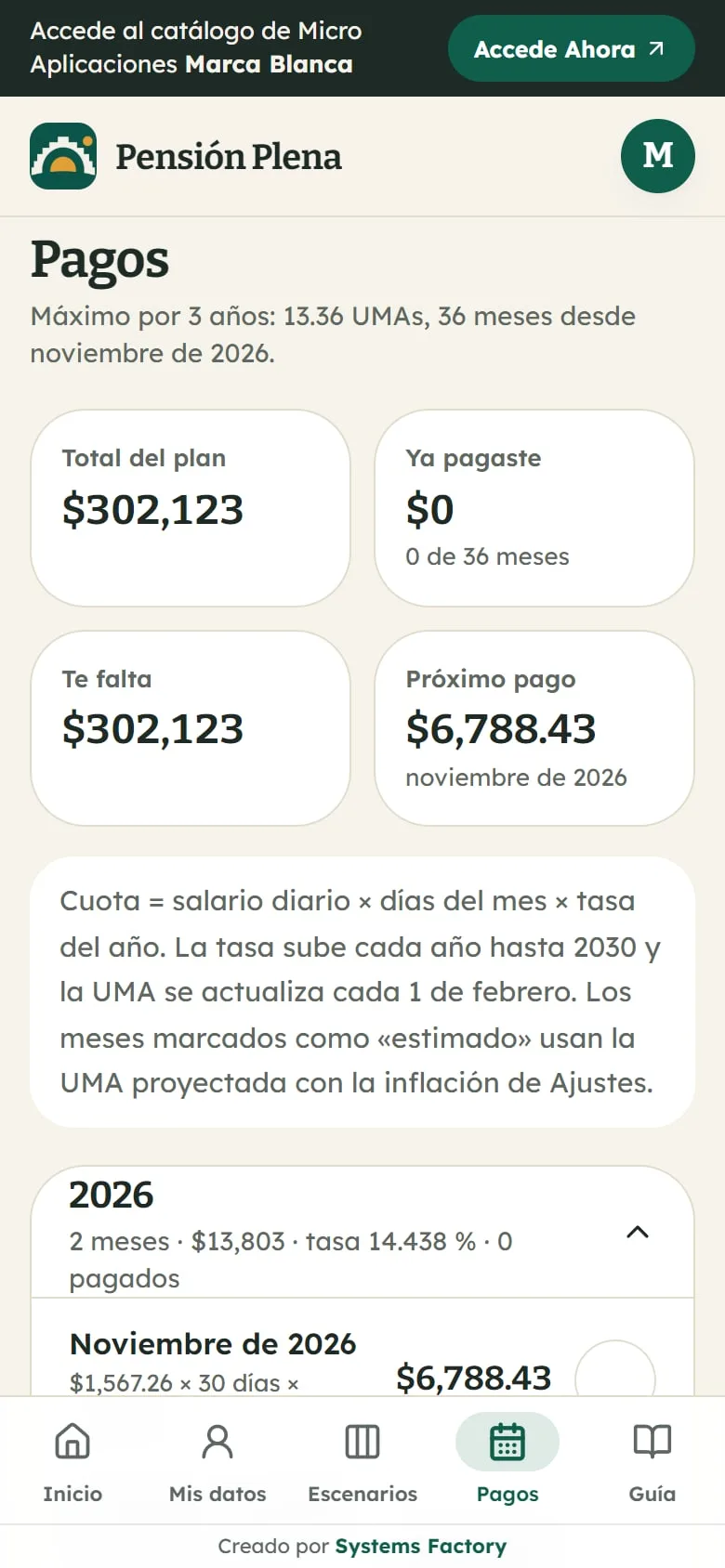 Captura real: pagos con total del plan, ya pagaste y próximo pago
