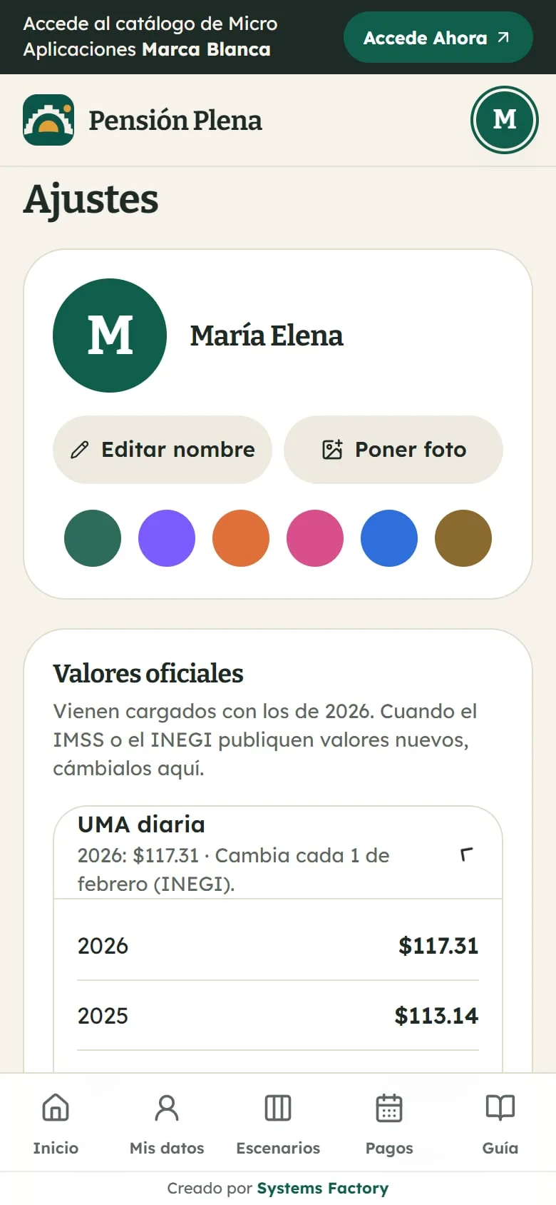Captura real de Pensión Plena: valores oficiales (uma y tasas de cada año)