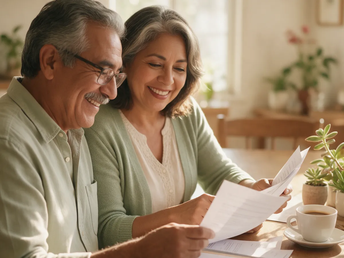 Una pareja de unos 60 años revisa en la mesa de su casa los papeles de su pensión