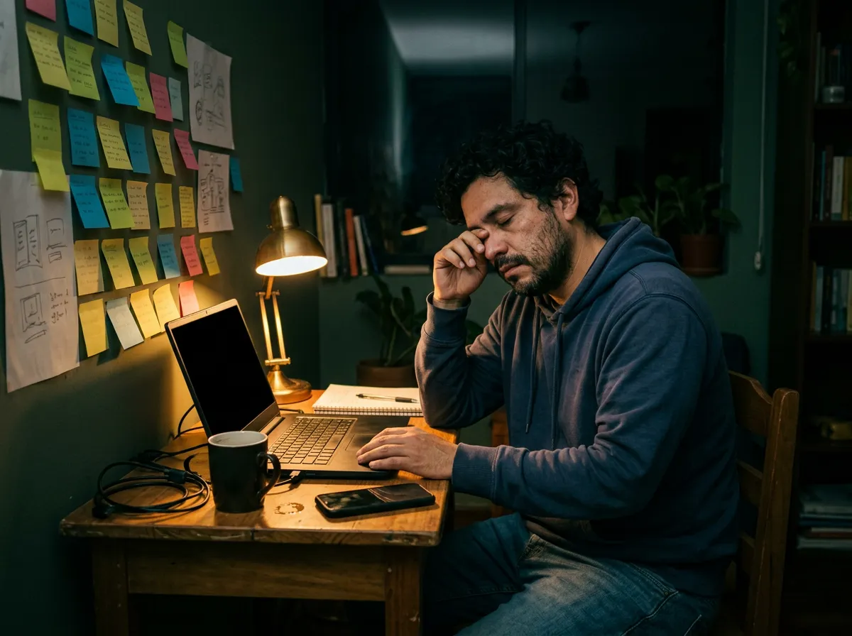 Un emprendedor agotado de noche frente a su computadora portátil, con notas y tazas de café