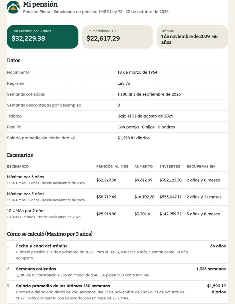 Resultado real: reporte de la simulación de pensión creado con Pensión Plena