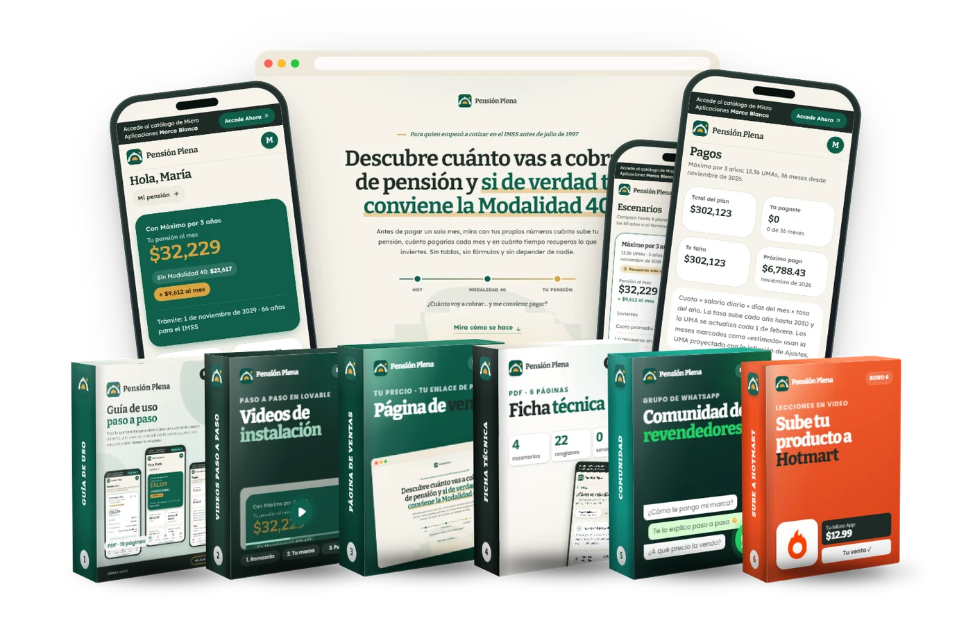 Todo lo que recibes: la Micro App Pensión Plena, su página de ventas, el reporte que genera y los 6 bonos